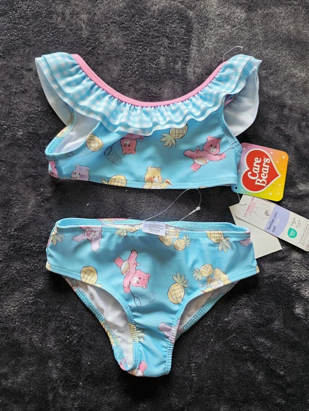 New Care Bear toddler's 4t 2-Pc Swimsuit Bikini Blue Pink Checkered Ruffle top